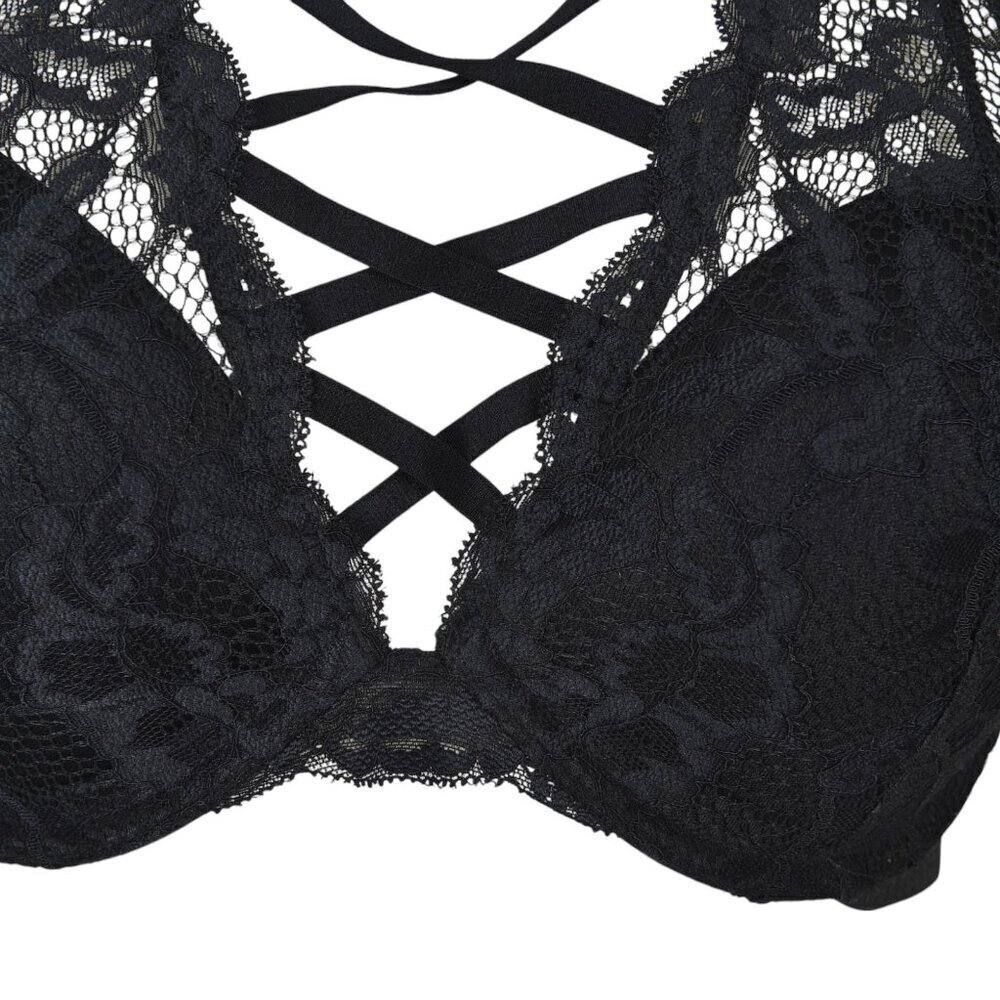 La Senza Black Lace Halter Bra 34D - Strappy Front Cage Detail Bralette - Picture 3 of 8